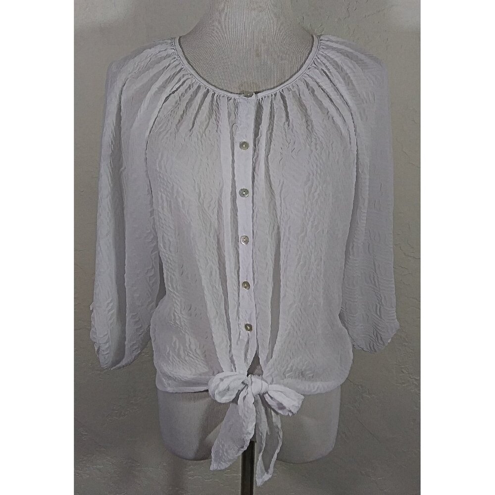Chenault Top Small White Button Down Textured Front Tie Boho Sheer